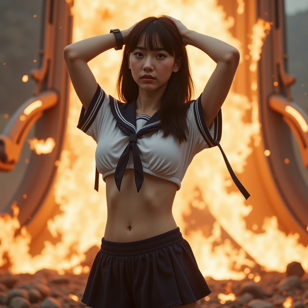 Highest quality、8k,Detailed Images、(((Beautiful girl small breasts))),Cute woman、(((Upper body naked))),Big smile,(((Completely naked))),Shoulder-length hair、(((Round face))),(((Big eyes))),Shoulder-length hair、Long eyelashes、Red lips、 Round eyes、Heavy makeup、Sweaty、Sweating、(((Black costume))),(((Battlesuits of the future)))、(((A suit that emphasizes the breasts))),Complex background punk, , Futuristic, Post-apocalyptic, dark, 薄dark光, ((masterpiece, Highest quality, )),(((Nipples exposed through the gaps in her clothes))),,(((Small nipples))),(((Small areola))),(((Nipple details))),The neon-lit streets of a cyberpunk metropolis, Ignoring the boundaries between reality and technology、(((Small breasts)))、(((Small breasts)))、Pretty beautiful girl、(((Upper body naked)))、８age,(((Round face)))、A face like an elementary school student、Young face,Sexy look、、skinny、Very thin body、Very skinny、Protruding ribs、(((The flames of the explosion)))、The town is destroyed,(((War breaks out))),(((A chest like that of an elementary school student))),(((A face like an elementary school student)))、(((Happy expression)))