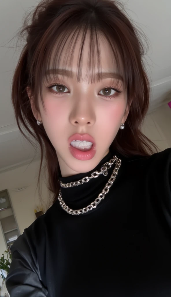 ((Midnight, Best quality, 8k, Masterpiece :1.3)), Whole body, Long legs, Sharp focus :1.2, A pretty woman with perfect figure :1.4, Slender abs :1.1, ((Dark brown hair,Gigantic breasts :1.2)), (White tight tshirt, Jean bib, Standing:1.2), ((Night city view, Rooftop:1.3)), Highly detailed face and skin texture, Detailed eyes, Double eyelid, ballgag