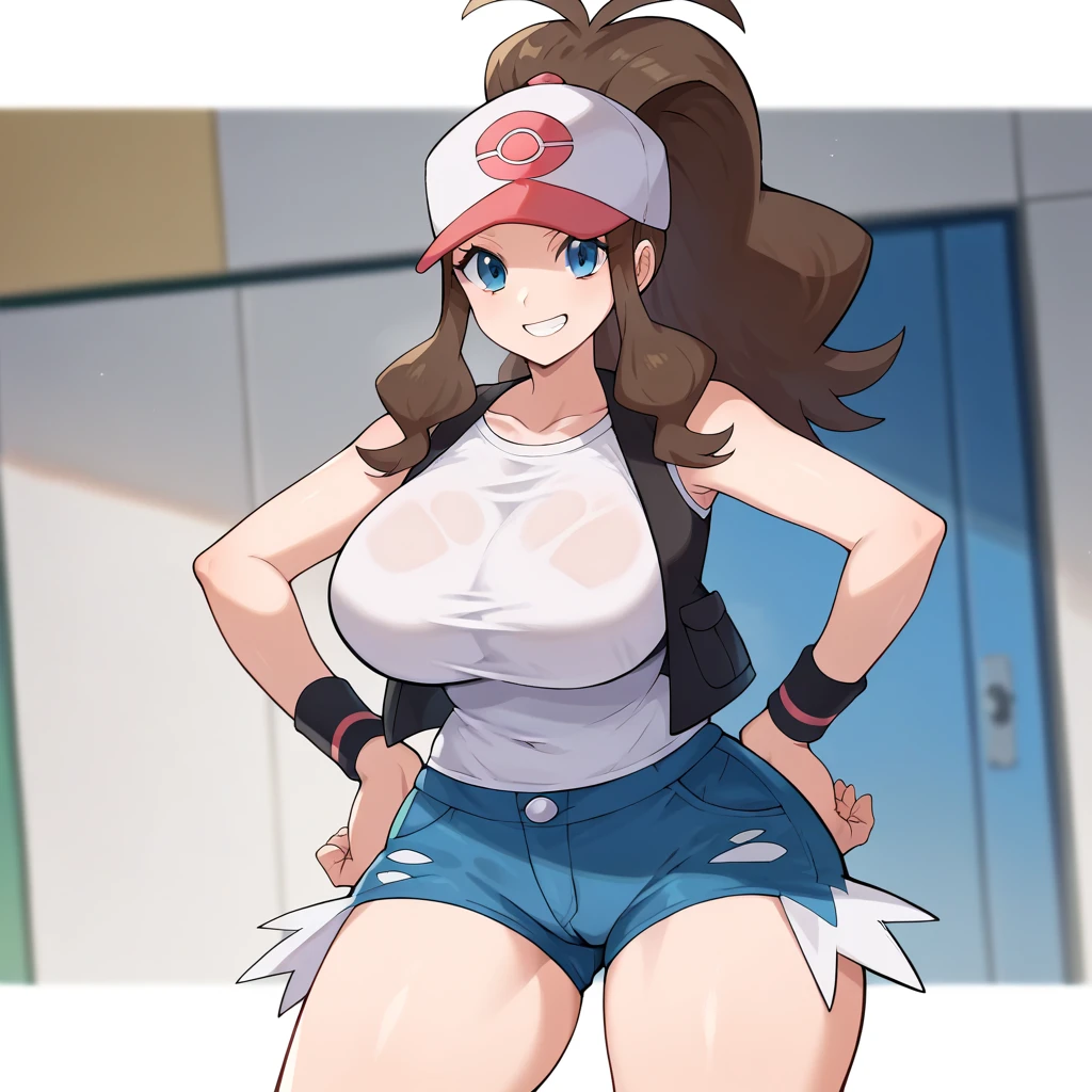 (masterpiece, best quality:1.2), solo, solo focus, 1girl, Pokémon, Ash Ketchum, red baseball cap, blue jacket, sleeveless jacket, shirt, short sleeves, blue jeans, fingerless gloves, 2d art, massive breasts, looking down