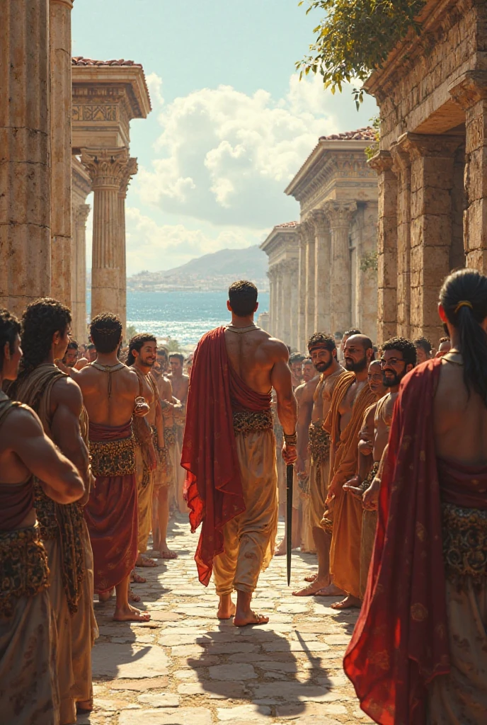 A male Stoic philosopher, around 2, with a well-proportioned and attractive physique, slightly tanned skin, and a short, well-trimmed beard, stands confidently at a clear boundary line. He wears classic tunics in soft earthy tones—gray and olive green—with subtle gold or copper details, gently draping over his body, with one shoulder exposed. His expression is calm and seductive, reflecting his inner strength. On one side of the boundary, the environment is orderly and serene, while the other side is chaotic and dark, symbolizing the firm boundaries he has set. The scene is painted in an impressionist style, with dramatic brushstrokes capturing the stark contrast between the peaceful and chaotic environments, highlighting the philosopher’s determination to protect his well-being.