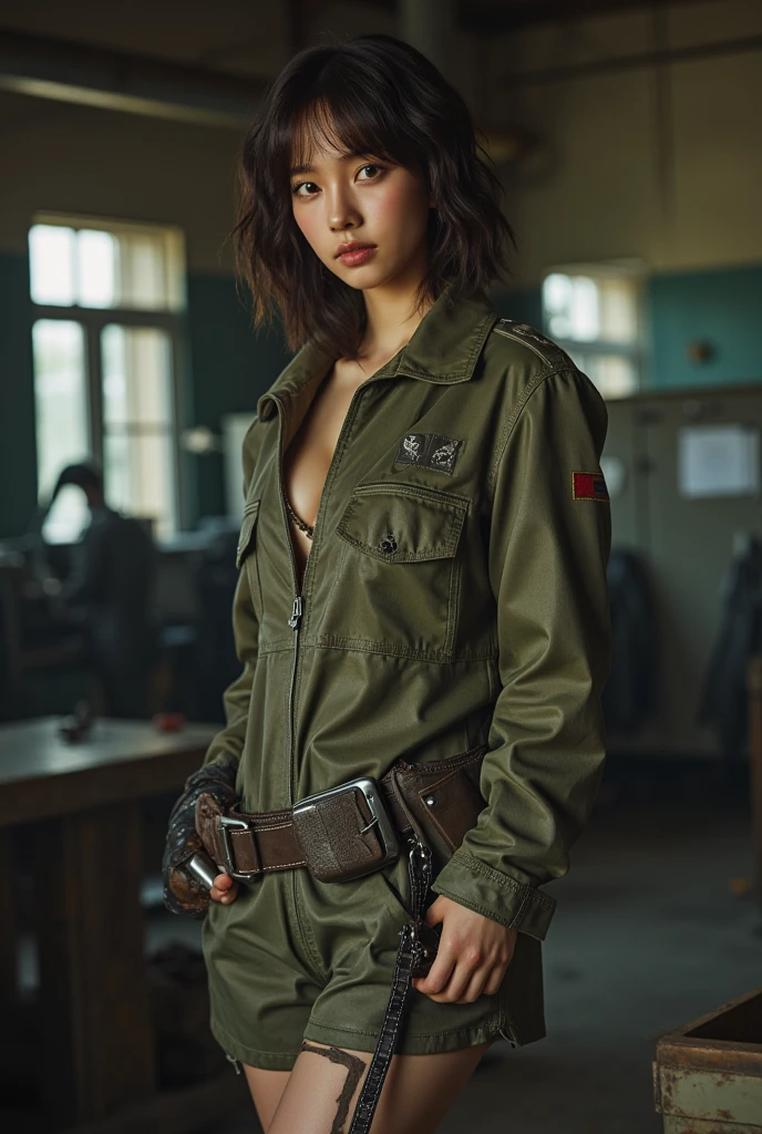 (1 lady), (Best quality at best:1.4), (ultra - detailed), (extremely detailed CG unified 16k), A Beautiful Woman with Perfect Figure: 1.4, Sharp Focus: 1.2, very detailed, High-definition RAW color photo, professional photoshooting, amazing face and eyes, cosmetics, (amazingly beautiful girl), ((yuki)), ((grays woodland camo trench coat, pixelated gray combat boots camo pattern, grays woodland camo skirt)), standing, sexyposture，(Stylish urban landscape, day light), (look from down), realistic cinematic face, head to feet long wide zoomed out view, full body long view, photorealistic, ((realistic natural grayish purple hair style, yellowish eyes)), gorgeous, extremely beautiful face, perfect model beauty, pout mouth, Highly Detailed Face and Skin Texture, Detailed Eyes, Double Eyelids, Big Breasts, inexpressive face, cleavages, western, (masterpiece), best quality, high resolution, extremely detailed, blurred background, depth of field, cinematic lighting, amazing legs, clear and well-cared skin
