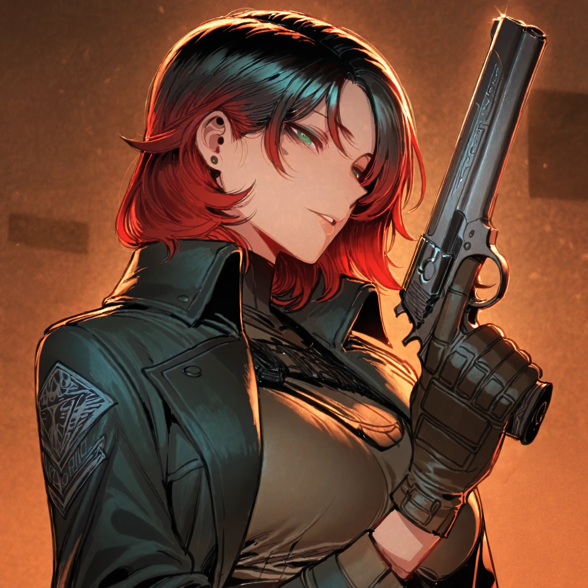 (EyesHD:1.2), masterpiece, best quality, ultra-detailed, very aesthetic, sharp focus, depth of field, vibrant colors, ray tracing, best lighting, detailed illustration, detailed background, cinematic, beautiful face, beautiful eyes, red hair, long hair, sharp eyes, Alone, detailed_eyes, focus_face, best_quality, detailed_decorations, perfect_ Contrast, curvy
High Resolution, ((Anatomically Correct:1.2)),, ((Add :more_details:1.4))_((cinematic_lights:1))
black hair, medium hair, green eyes, eyeliner, eyeshadow, large_breasts, abstract background
((Solo:1.2))
High Resolution, Masterpiece, ((Anatomically Correct)), Accurate, Best Quality, Super Detailed.
Duster_coat
Blue_shirt
((Holding_Desert Eagle))
((bandaged gloves))
gta5