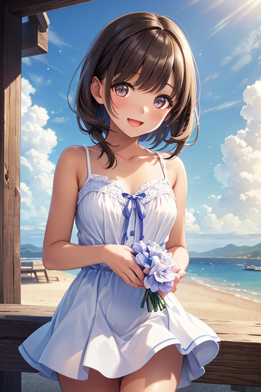 very cute and beautiful girl,(Very exquisite beautiful face and eyes),Pink camisole,Cute frilled petticoat,
(smile),Happy,View your viewers,Black Hair,Cowboy Shot,Leg details,Beach,Tropical Resort,
(Highest quality,masterpiece),Absurd,High resolution,Very detailed,Very detailed,32K,8k resolution,
Intricate details,Movie Scenes,Detailed Background,alone,Dynamic Angle,
Natural light,Hair blowing in the wind,Beautifully detailed skies,Large Breasts、Black Hairロングヘアー