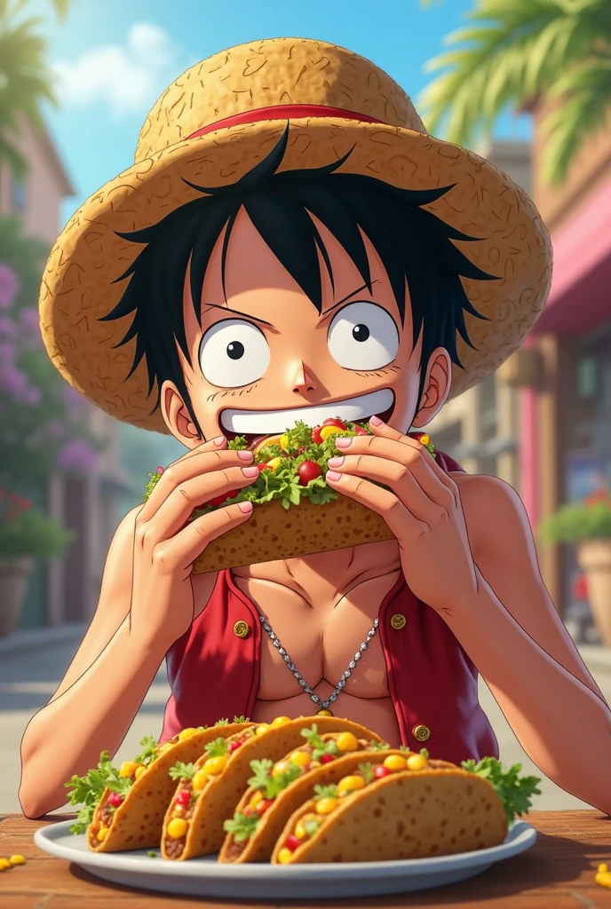 One piece characters luffy eating meat illustration, full white background,