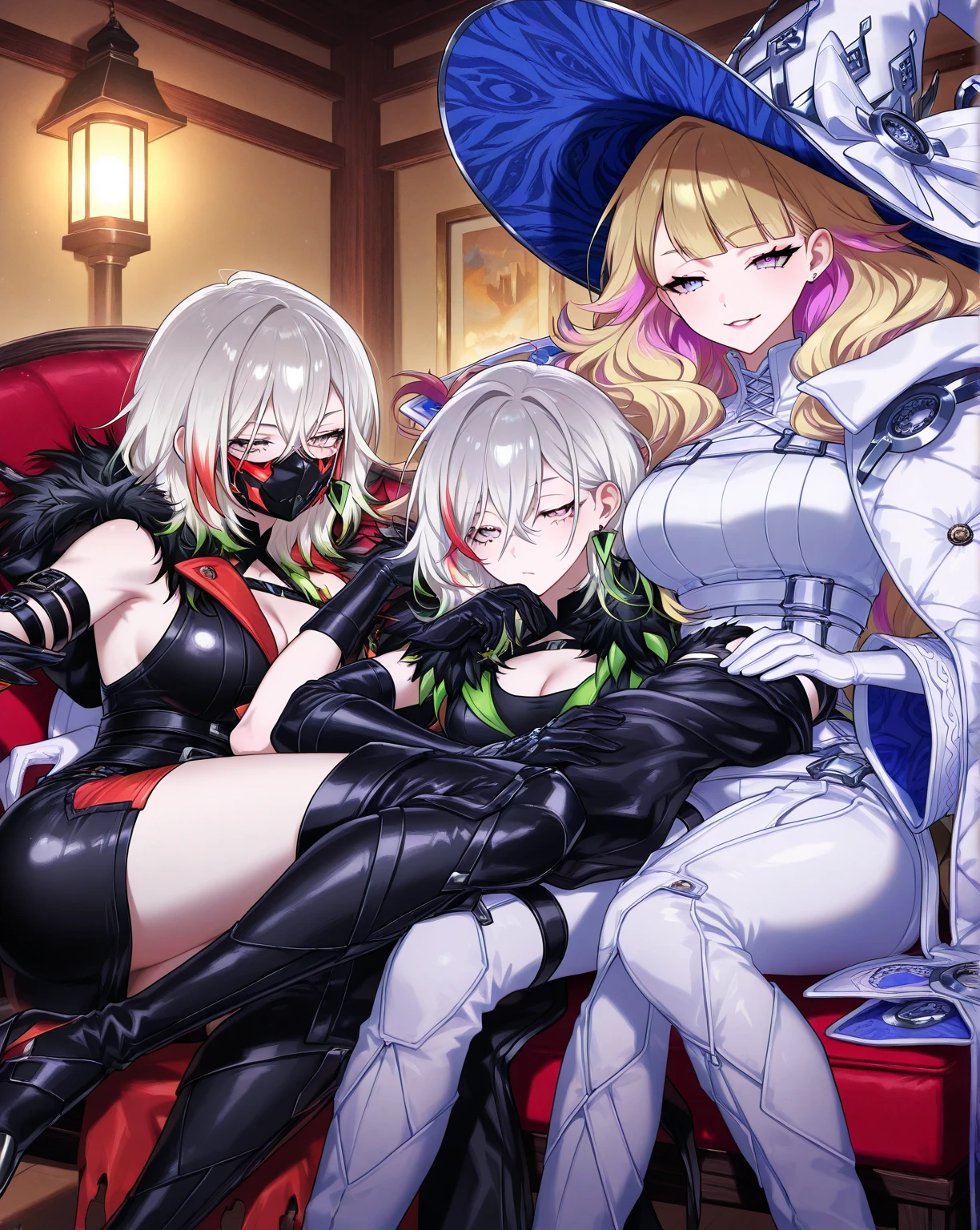 Messy short hair with a transition from dark brown to light blond, black eyes, black short dress, dagger, scorpion tail to match hair color, stockings, black boots, girl