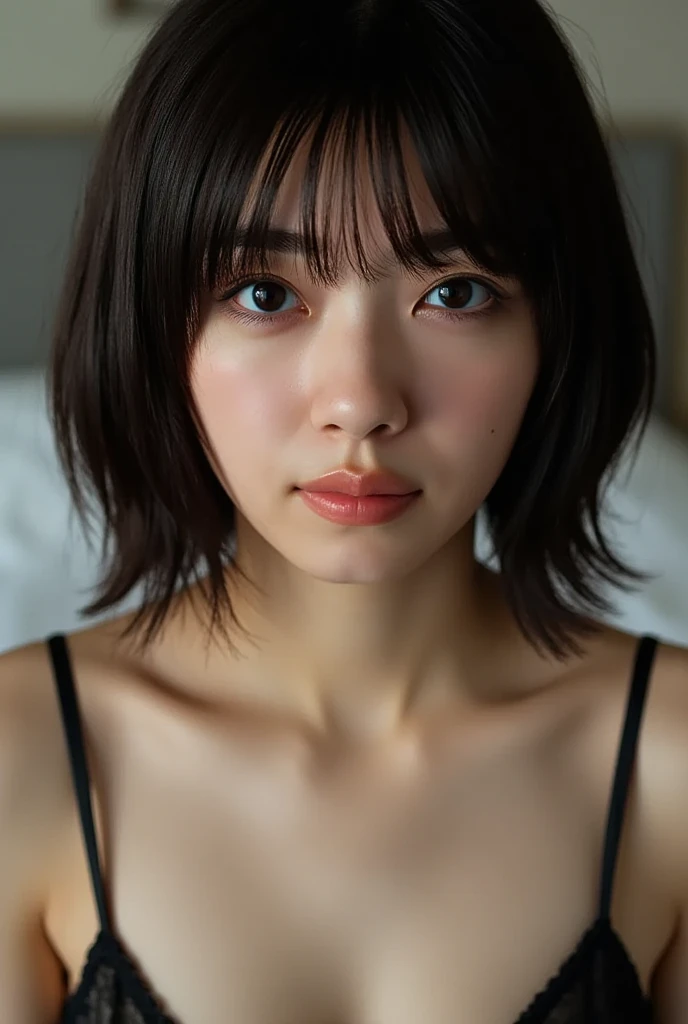(((Close-up of face)))、(((Absolutely shoulder-length brown straight short bob)))、(((She is posing like a hair salon model, with a black wall indoors as the background.)))、(((Casual black winter long sleeves with shoulders covered)))、Half Japanese, half Korean、18 year old girl、Standing Alone、Looking forward、Light eye makeup、Brown Hair Color、Flat and 、Hair blowing in the wind、Actress Quality、Glossy, ultra-realistic face、Smiling face、Watery eyes、Gazing Up、Subtle lighting effects、 Ultra-Realistic Capture、Very detailed、High resolution 16K close up of human skin。Skin texture must be natural、The details must be such that pores can be clearly seen、The skin is healthy、Uniform tone、Use natural light and colors、A worn-out, high-quality photo taken by a model agency's in-house photographer.、teeth、(((SIGMA 300 mm F/1.4,1/1000 sec shutter,ISO 400)))