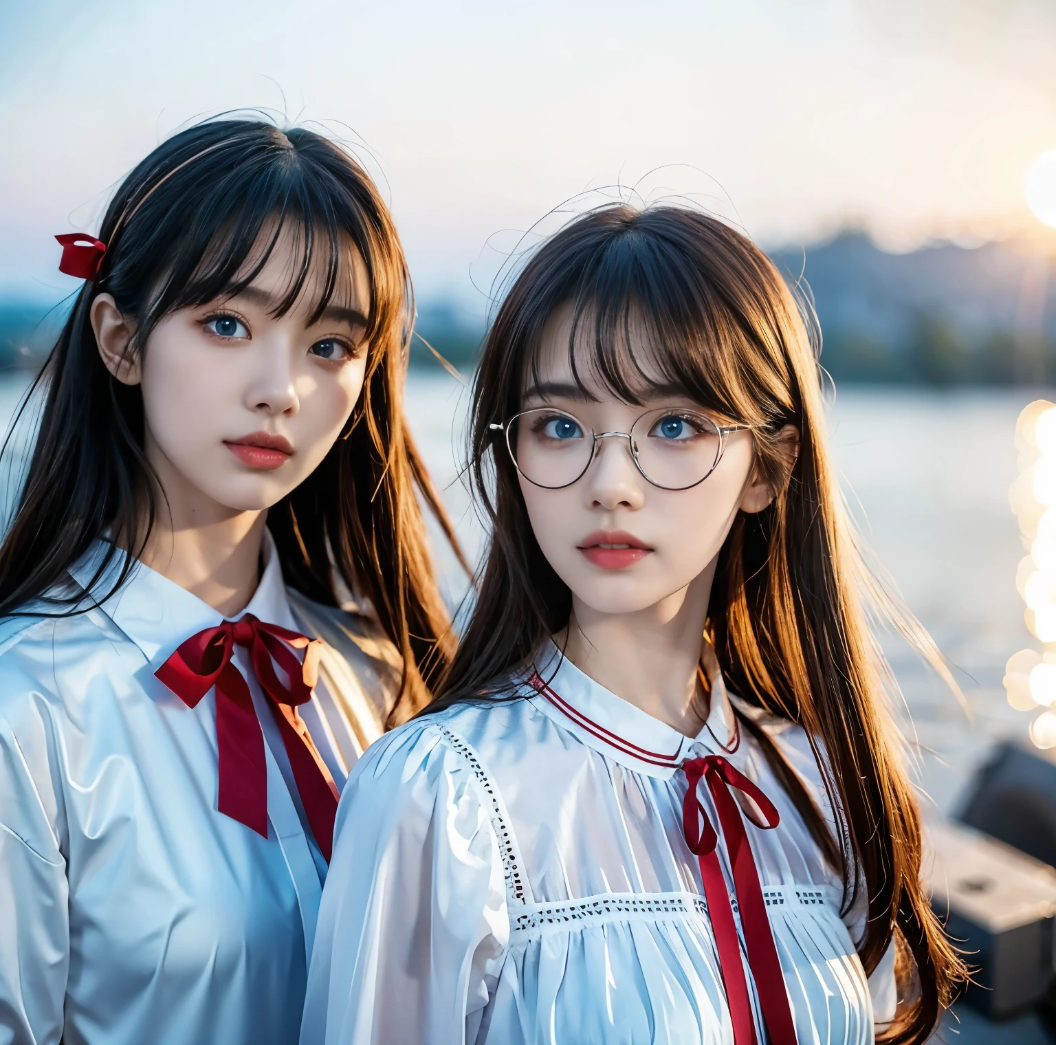 8K quality, pictures, Two beautiful men and beautiful women, Beautiful like a goddess, The backlight of the sunset is so dazzling that the characters are hazy, above chest shot at the ruins, (White blouse with red thin string ribbon tie:1.2), (Fine silver glasses), (Brilliant, beautiful light blue eyes and beautiful hair:1.2), Hair flying in the wind, Whitening skin like white porcelain, Half Up with Bangs,