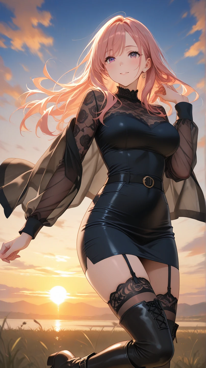 male to female trans, full, pursed lips, freckles, long curly red hair with bangs, crystal blue eyes with smoky eyeshadow and black eyeliner, semi-matte black lipstick, pale to sun-kissed skin, smug and seductive smile, teal sundress, big futanari genital bulge