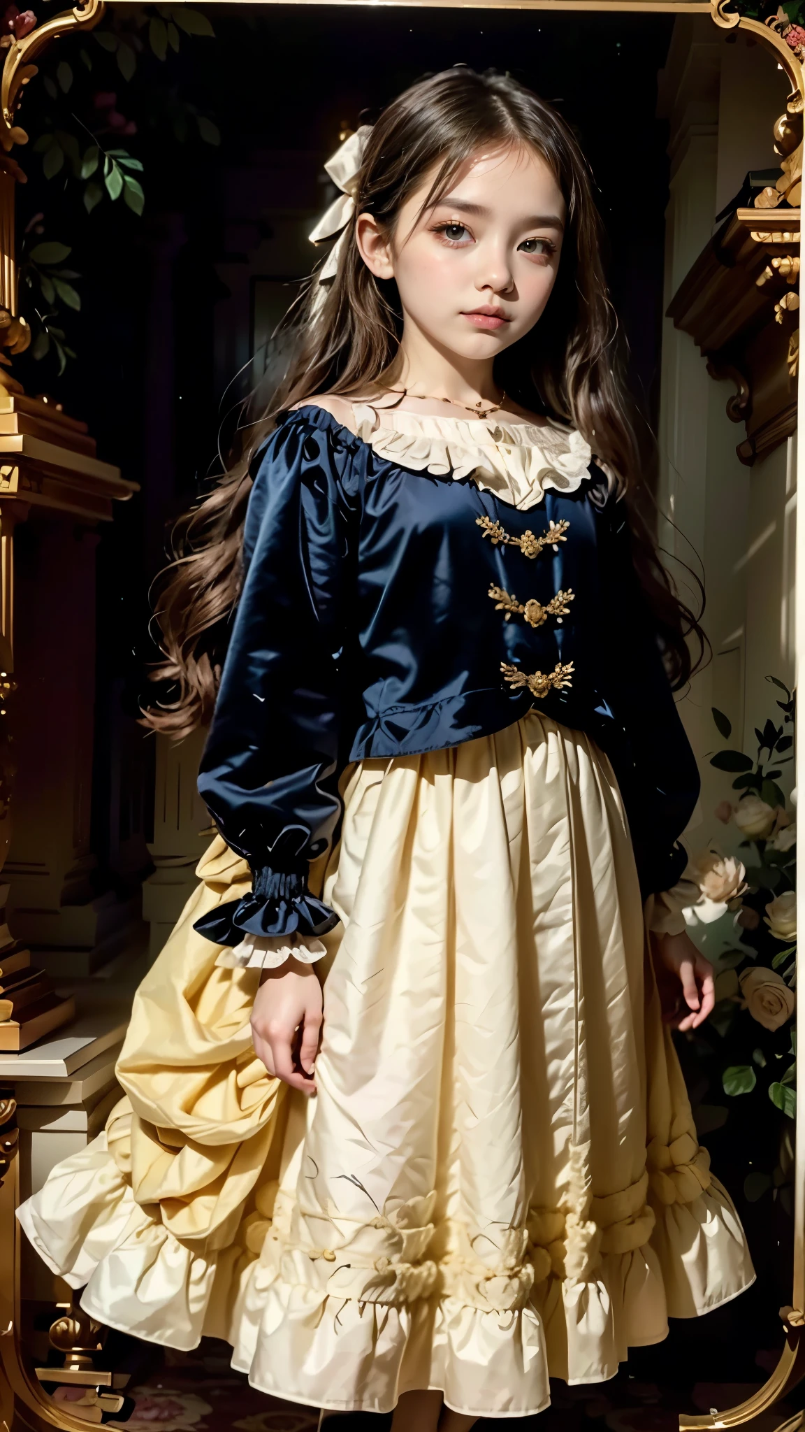russo, Girls ren , portrait , Long blond hair and bow,layered skirt,Noble,opulent, shoulders cut , belle, PERSEPHONE