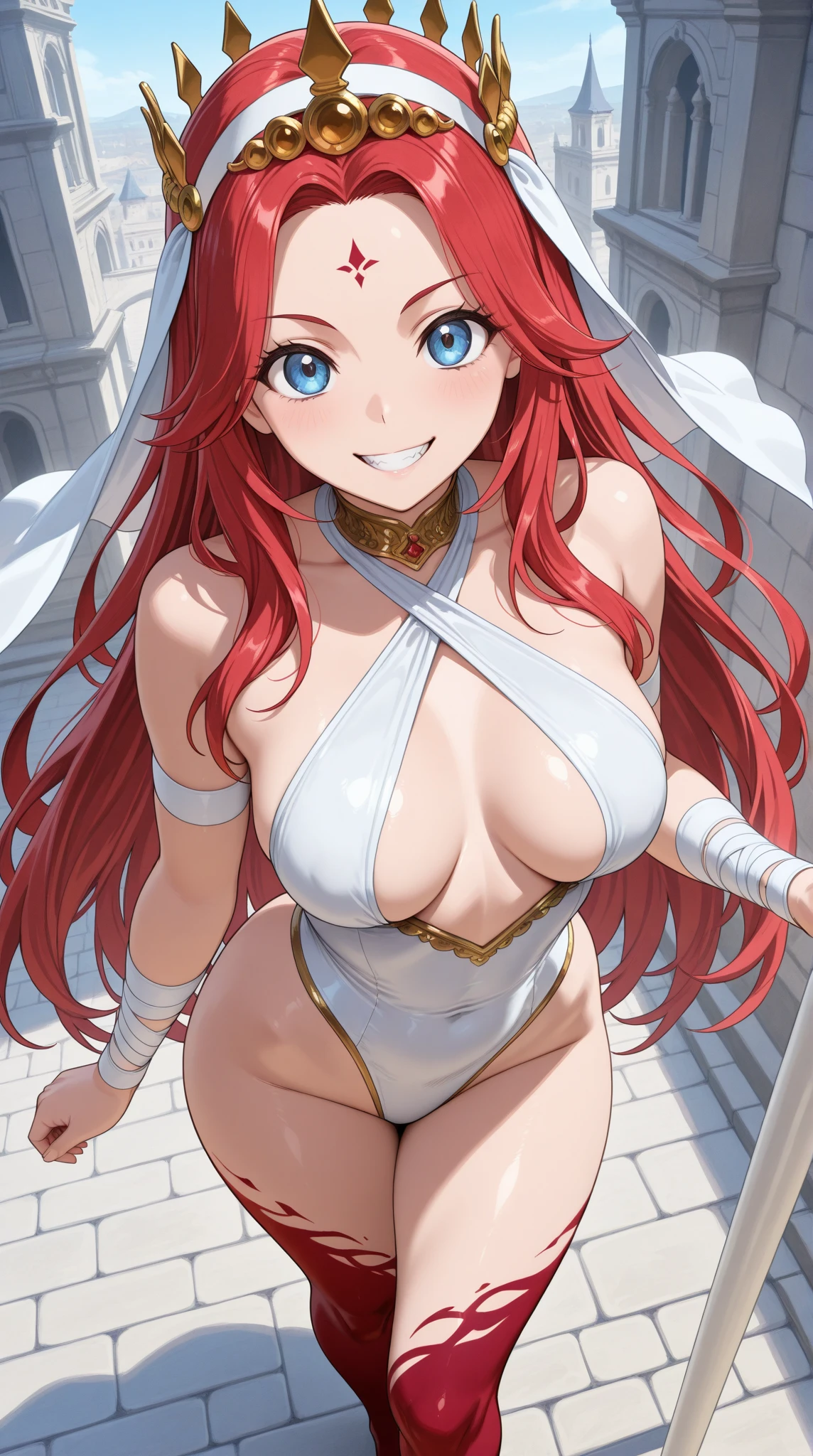 (masterpiece, 4k, best quality, white background, bold drawing lines, highres, anime, lacus4), 1girl, solo, curvy figure, long hair, shining dress, thighs, hair ornament, pink hair, cleavage, big blue eyes, off-shoulder, white dress, MEDIUM breasts, smile, open mouth very much, very slim belly, cowboy shot, leaning forward