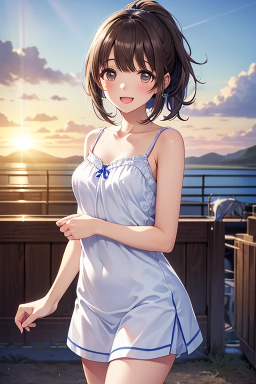 8k,Japanese,innocent face,teenage girl,cute, transparent summer clothes, transparent short skirts,sitting, legs open, black hair,on the bed,coastline,hair clip,night view,starry sky