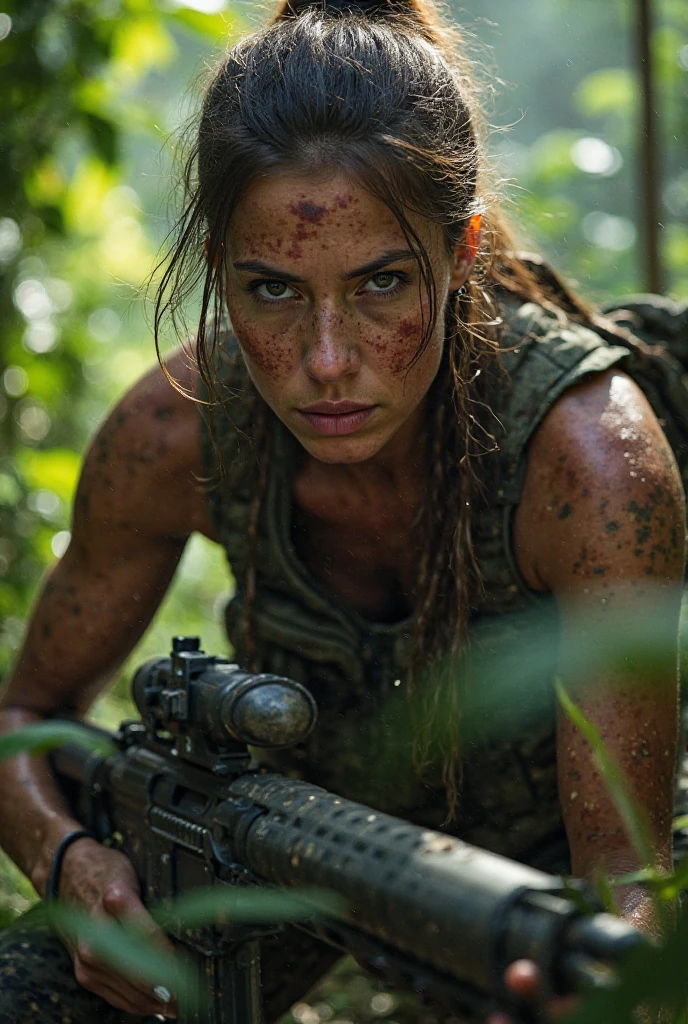 A female soldier crouching, (gorgeous face), serious expression, sneaky, in a dense jungle, (dirty skin:1.3), (cleavage), (realistic photography), 4k, cinematic, hdr, complex lighting, diffused soft lighting, parallax, (highly detailed), intricate details, masterpiece, side view