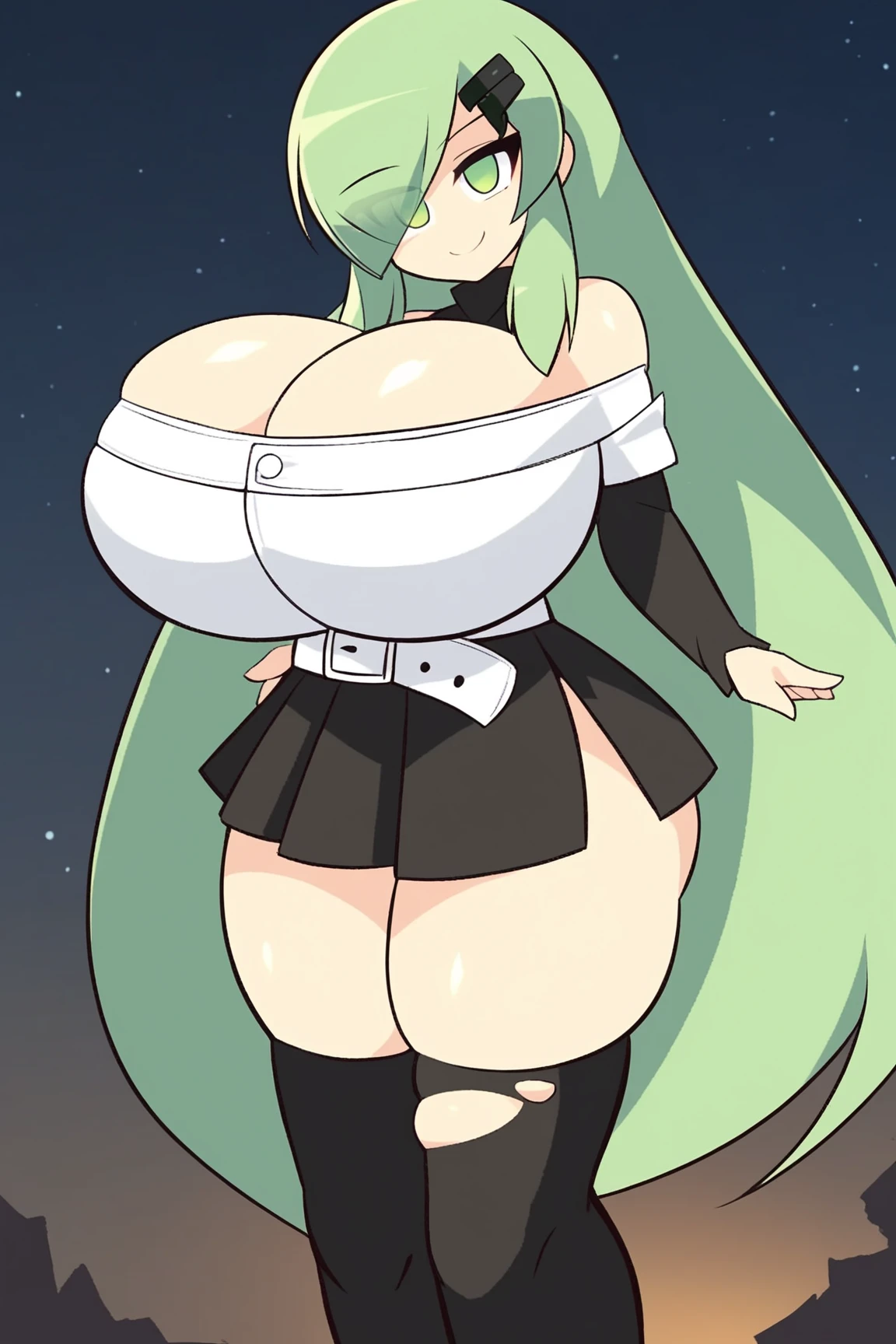 The breasts are very large.,cute smile,Cleavage Cutout