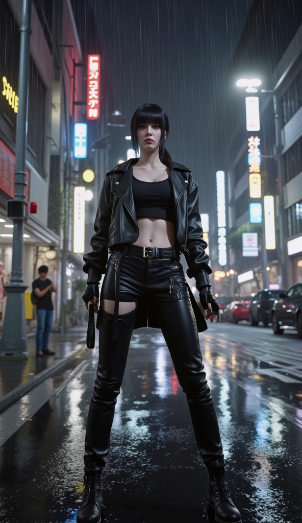 Blade Runner style futuristic city street, at night. (((1girl, solo, alone))), female assassin, large-breast:1.4 slim:0.8 body, medium hair, cleavage:1.1, sexy micro laced lingerie, (black sunglasses), (((((she raised a pistol:1.8 and shot the viewer))))), standing pose, ((half-body thigh:0.95 level medium shot)), cinematic lighting, lens flare, ray tracing.