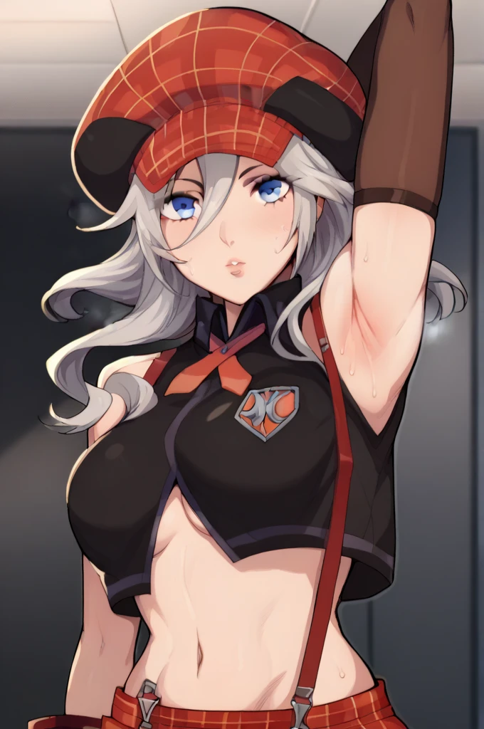 masterpiece, best quality, ultra-detailed, Potrait of beautiful , (chubby) (muscular), (plump), (sexly), (cleavage),(Breasts), (Plump), (Gray Hair), (calm), (overweight), ((Saggy breasts)), ( (belly button), ((thick)), (red eyes), (tan), (rabbit ears)