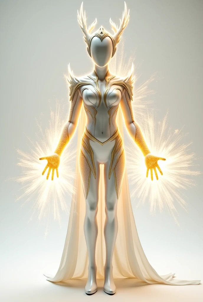 White suit with light emitting from the outlines and energy motifs.
Gold cloak with light effects and star spots.
Simple round face, with a dim light around it.
Bald head that can emit energy or light effects.
Glowing body, with light effects surrounding it.