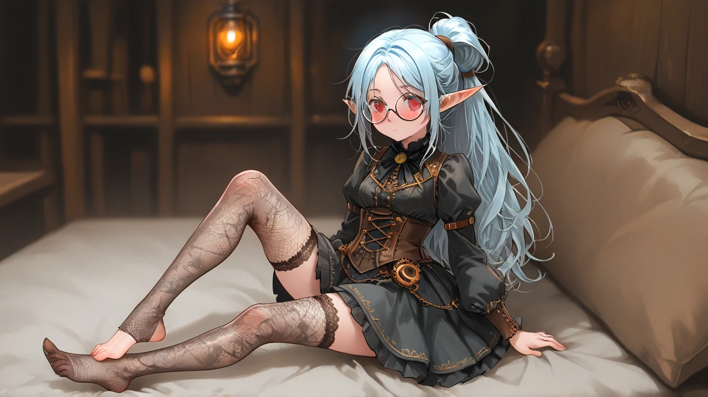 1slave, Full-body art, elf witch chained, bound, elf girl in shackles, girl squatting, kneeling, knees on the ground, dark bikini, camel toe, small breasts, girl chained in dungeon, dark and dirty dungeon, stone walls, chains, witch with shackles, dark and humid environment, knees spread, shy and embarrassed expression