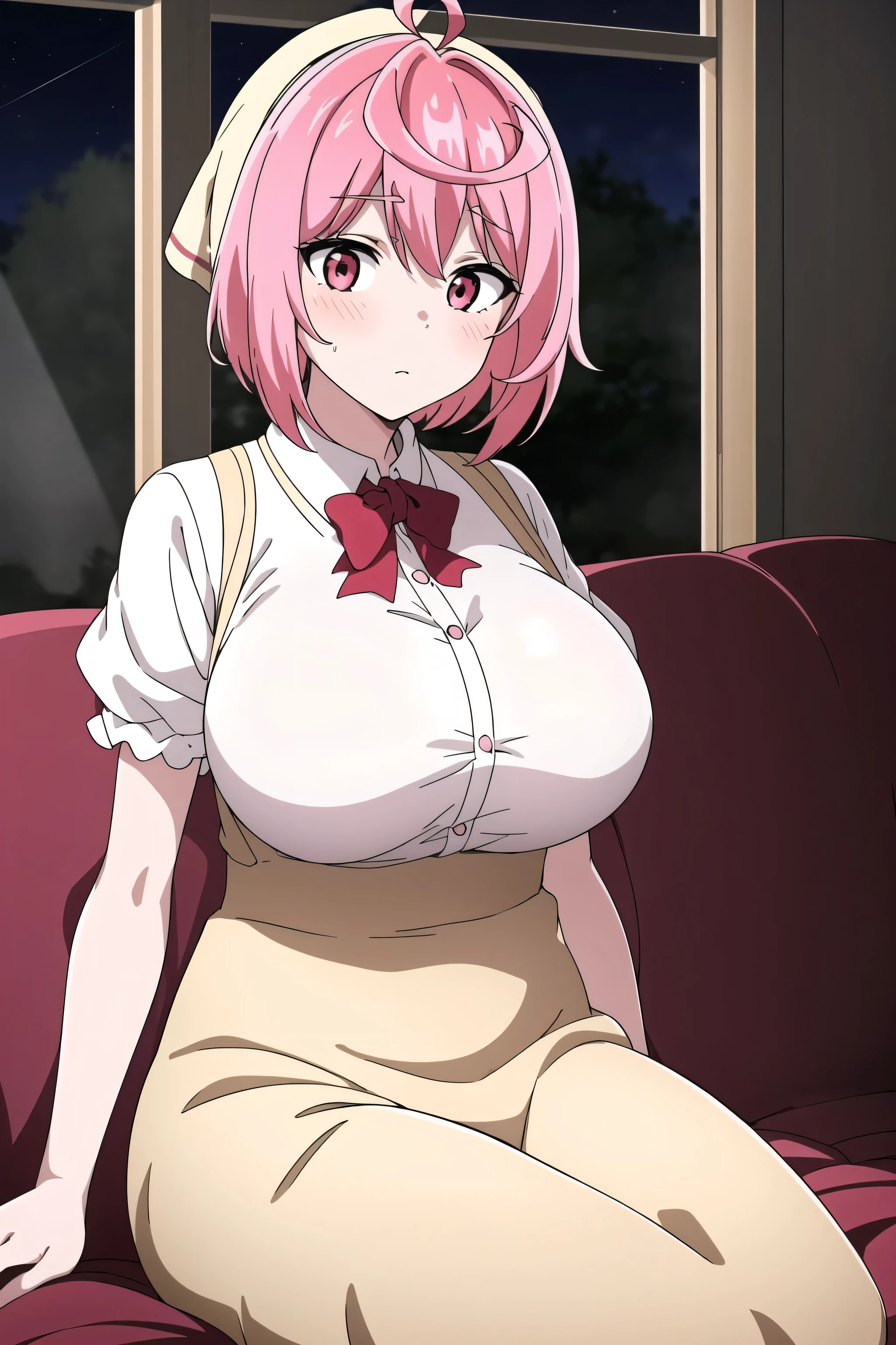 A beautiful woman, beautiful youth, big breast, pink hair, cut her brown eye, dresses with a white button shirt tied in a knot, shows her navel, sensual curve, and her black skirt, office, wearing transparent net socks, sexy hentai.