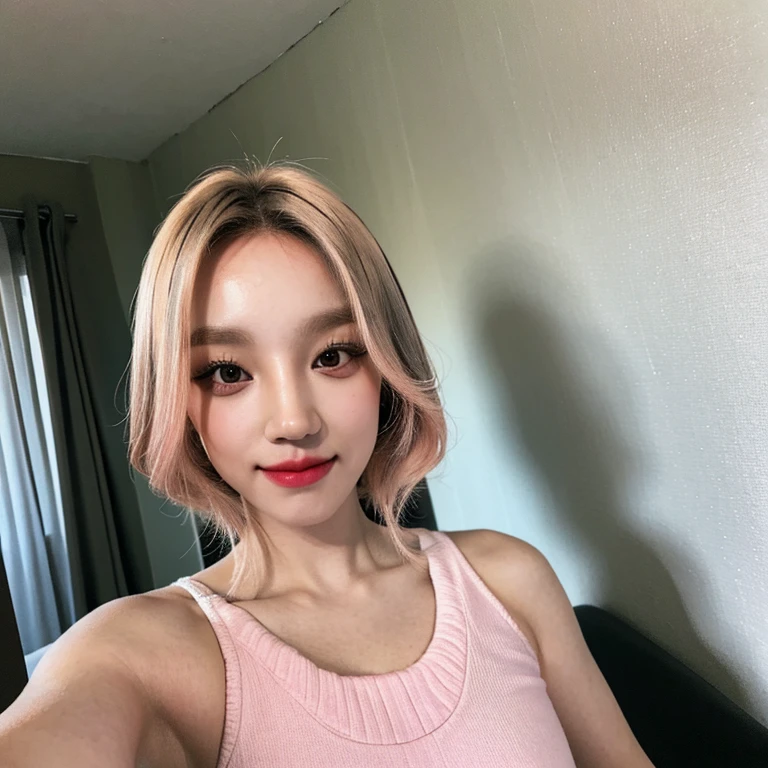blond hairbl,Korean girls,ssmile,light make-up,Pink lips,Slip hip skirt