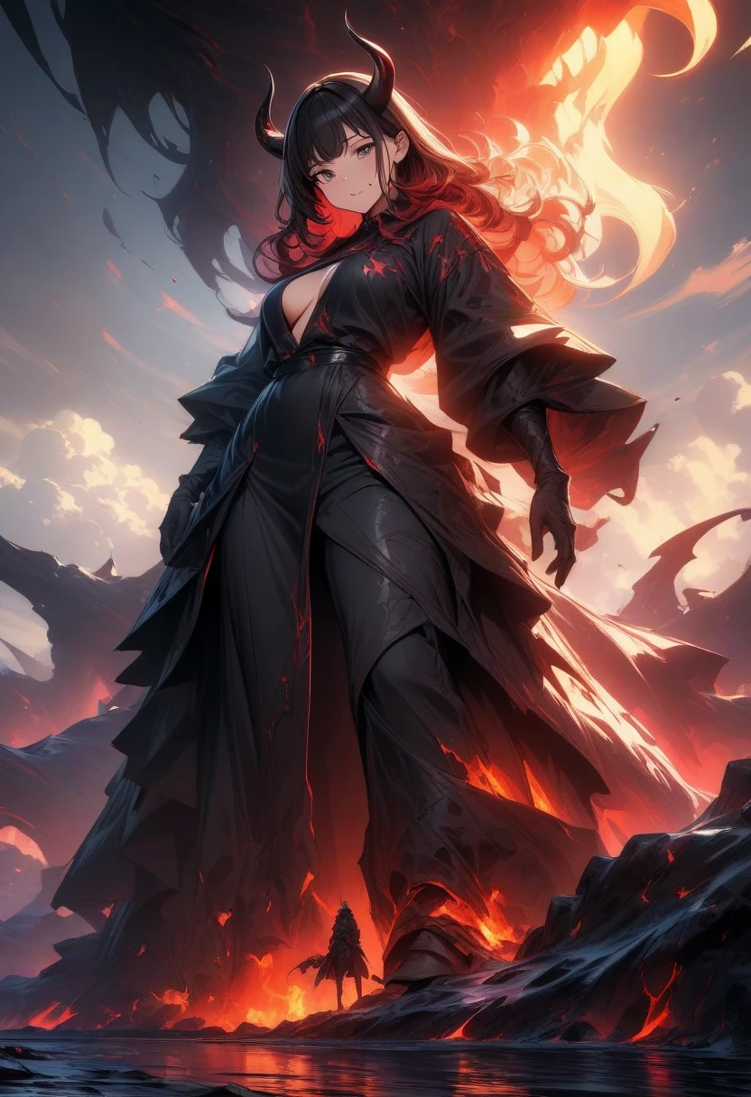 world of dungeons and dragons，（Scale Messenger from Hell：1.4），Look at me condescendingly，contempt，????，The whole body is wrapped in red flames，The long hairs of flames flutter in the wind，（Super huge, Claws are thick and sharp），（The whole body is covered with black scales：1.5），The scales are covered with thick barbs，The scales are super thick and scary，Reflective Scales Bloodthirsty Demon，（Two claws fighting：1.4），ugly face，Close-up cleavage，Lightning flashes across the sky，Underfoot is a thick sea of clouds and blood），（（Blood dripped from between the paws）），（stereoscopic perspective：1.4），artwork，Super detailed，4K resolution，high quality，movie lighting，High picture details，detailed，epic shooting