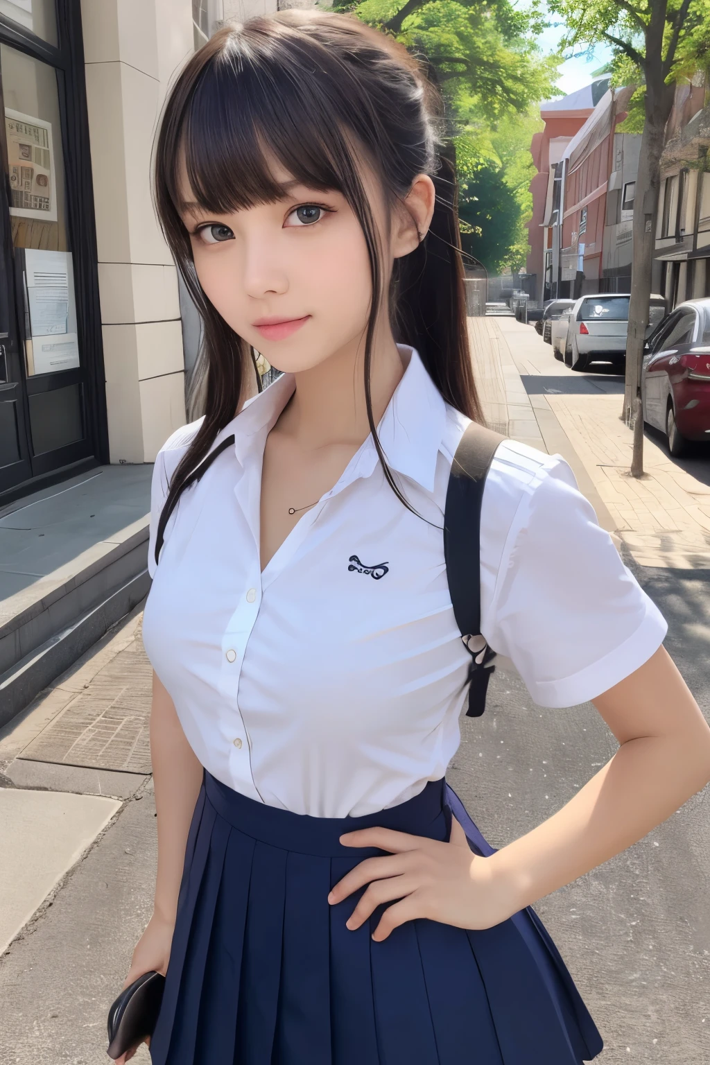 masterpiece, best quality, finely detail, hight resolution, Beautiful detailed eyes, Natural Lip, girl, an exquisitely detailed and beautiful face and eyes and skin, raw photo, upper body, young face, cute, slender body, parted bangs, sidewalk, ponytail, school uniform, short sleeve, collared shirt, bow, navy blue pleated skirt
