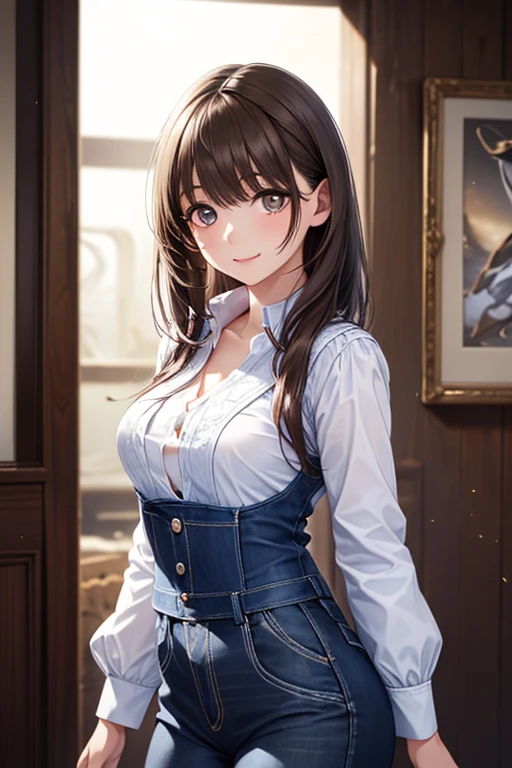 ((Biologically correct number of limbs))、4K、masterpiece、((focus on the face))、((Symmetrical facial features))、Eyes with detailed description、Beautiful woman、outstanding style、beautiful clavicle、beautiful legs、beautiful hands、slender body、(stockings、high heels)、Detailed depiction of faces、small earrings、necklace、(shirt、overalls)、Close-up of upper body including face、lighting to the face、tie、cyber city、(((white frame photo)))、Looking back、buckshot、Neat and clean、smile、((Full body photo including face))
