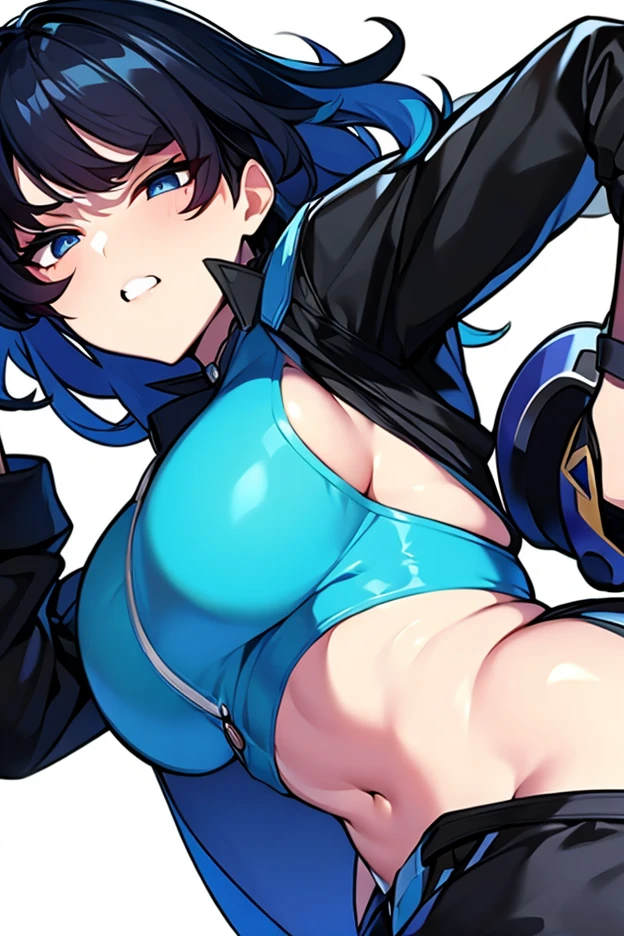 perfect anatomy muscular girl big breasts empty eyes embarrassed black hair yellow eyes pale skin 