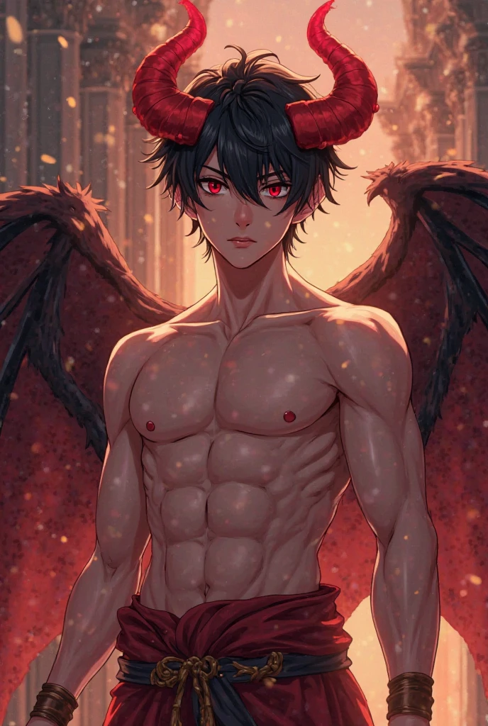 Solo, Score_9, score_8_up, score_7_up, a tall slender male, white demon wings, curly hair, short black hair, black sclera, red eyes, Greek statue aesthetic, posing gracefully, majestic pose, body skimpily covered by white cloths, a black halo over his head
