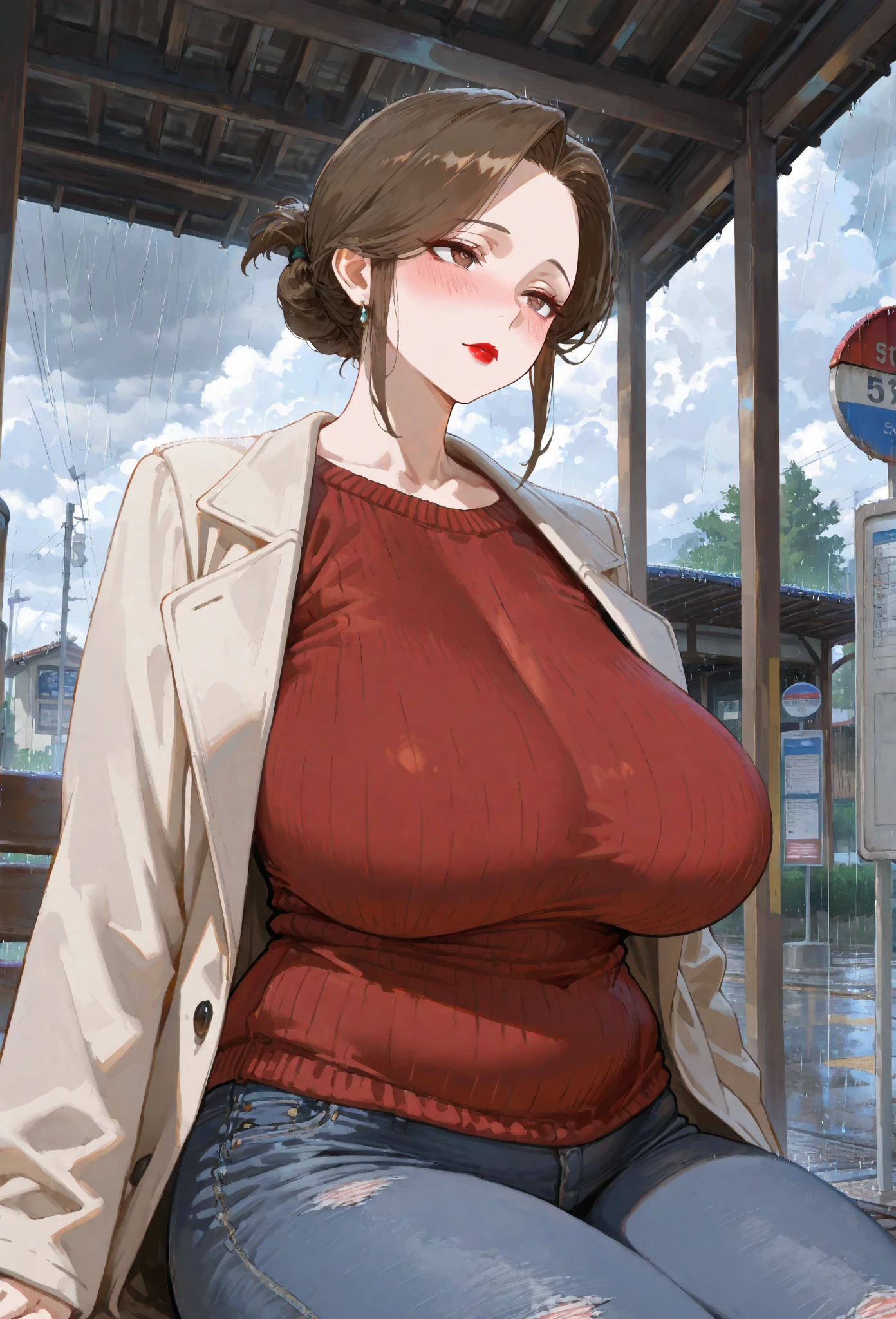 seductive japanese woman,plump body,coat,brown skirt,blushed,,(sweaty),at midnight,leather tube top,black hair,night sky,large breasts,humid,at public park,highheel pumps,public indecency,string-only thong,humid,breathing,drunken,long hair,large areola,trembling,breast milk