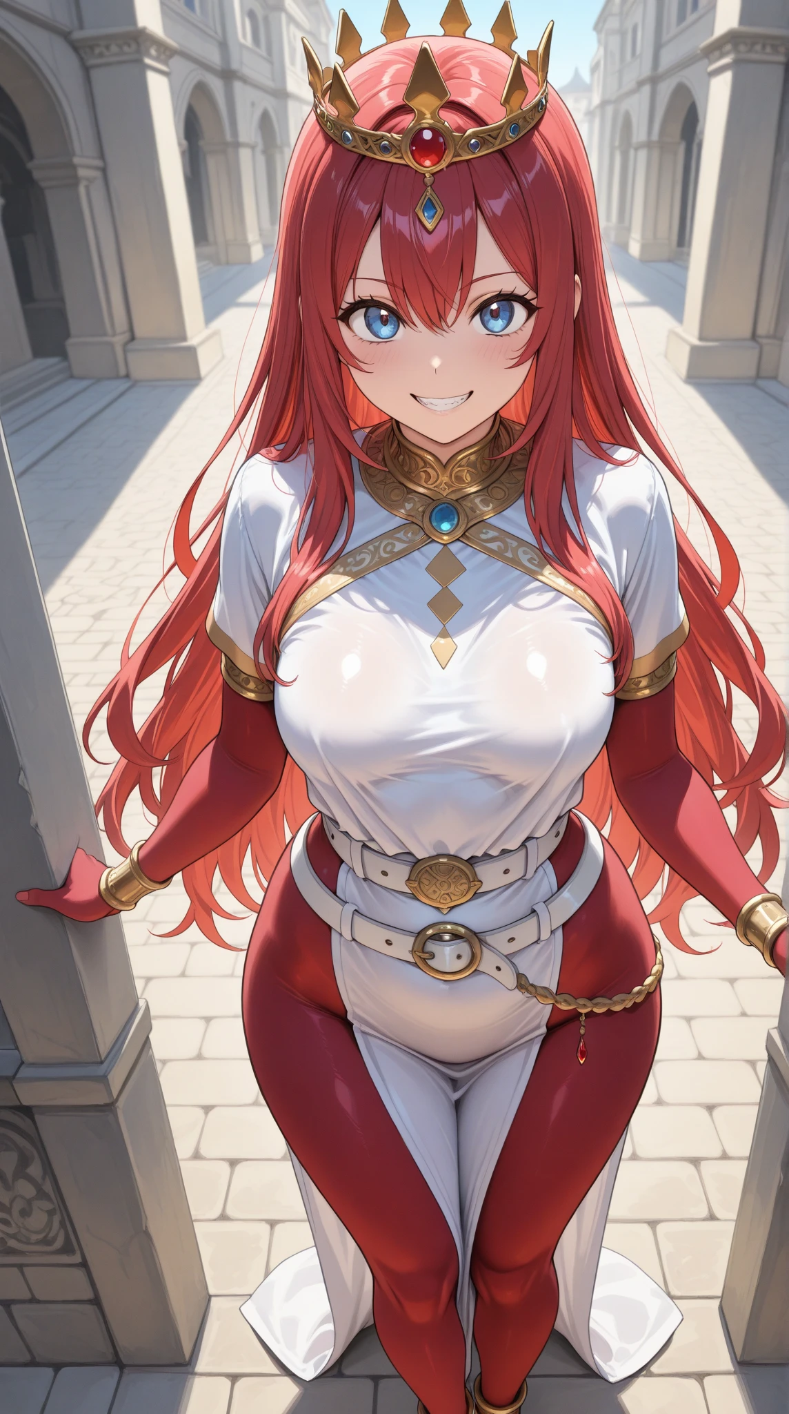 young girl, Long red hair, blue eyes, Huge-breasts, White princess dress, open breasts, Smile, Masterpiece, hiquality