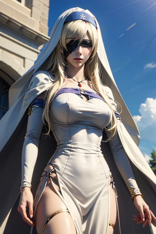 sword_miss,sword miss, long hair, blonde hair, blindfold, (black blindfold:1.2), dress, necklace, white dress, habit, long hair, big bust, dress, white dress, bijouterie, very long hair, Bridal Gauntlet, separated sleeves, Gloves, best quality, looking at viewer, sharp focus, (8 thousand), (4K), (masterpiece), (best quality), (realistic skin texture), very detailed, very detailed, , illustration, soft lighting, , high resolution, sharp details, blush, outdoor, blue sky, cloud afternoon, afternoon