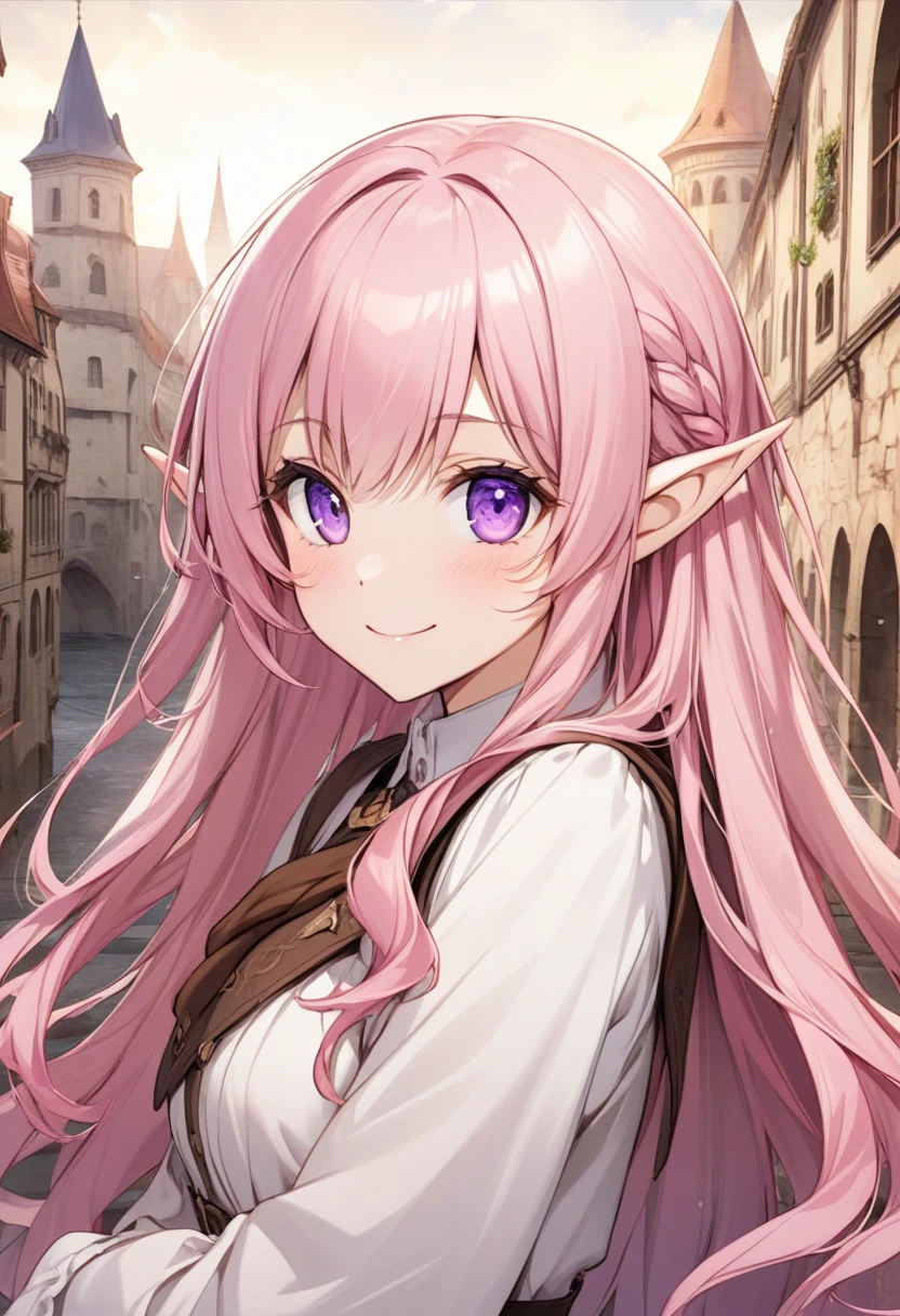 Pink hair purple eyes droopy eyes elf long hair bungs lori smile ...