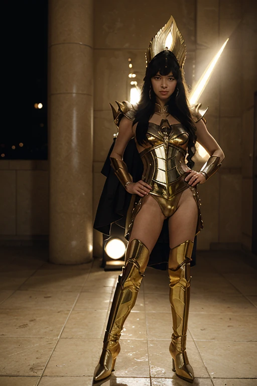 Intense girl trapped on an hourglass, golden armour. warrior. Long black hair.