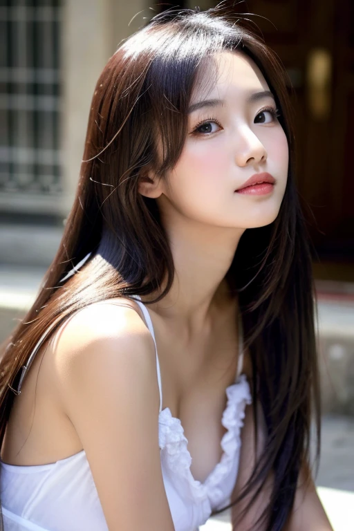 ((highest quality)), ((masterpiece)), (get used to it), perfect face unusually long black hair, Unusually long, shiny black hair, black silky hair, Extra Dark Natural Black Hair, Extremely long, straight black hair, Extremely long, straight black hair, Perfect silky, extremely long straight hair, Straight unusually long black hair, unusually long black hair, Her hair is unusually long and straight., detailed unusually long black hair white lingerie (big breasts 1.4) 1 female 12 years old Japan'cutest middle school girl (standing model) sensual look erotic expression neat bangs The neatly trimmed bangs are princess cut and cover the entire forehead... bright red lips ((cowboy shot)) (narrow mouth) natural makeup Lips are slightly pink