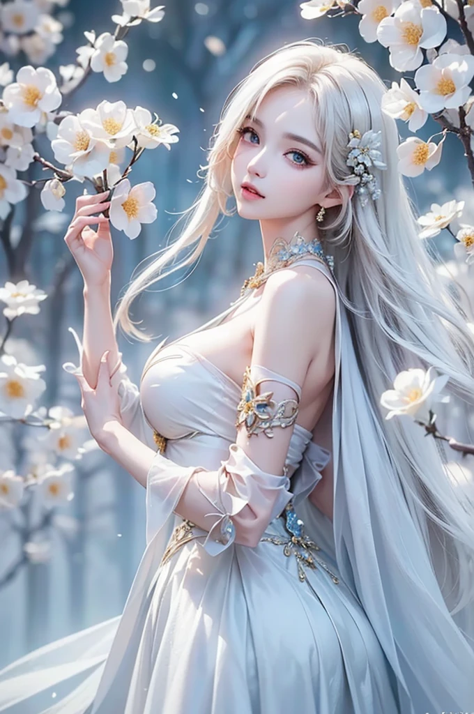 ((From the waist up))((masterpiece:1.5、8k、Portraiture、Photorealistic and very detailed CG、Very detailed、Particle Effects、Dynamic Effects、Written boundary depth、Cinematic Light、Lens flare、Ray Tracing、Tabletop、Realistic:1.4、超A high resolution:1.2、Realistic、Realistic))((alone、,Woman in turtleneck dress:1.4、Model-like pose:、Side bust、Ample breasts、Detailed face、brightexpression、young, bright, Whiter skin、Best Looks、Ultimate beauty、White hair with shiny highlights:1.8、bright and shiny hair,、Super long, Silky straight hair、Hair swaying in the wind))(Wonderful transparent flower々Surrounded by、White Background、Great background、Thin petals fluttering down)
