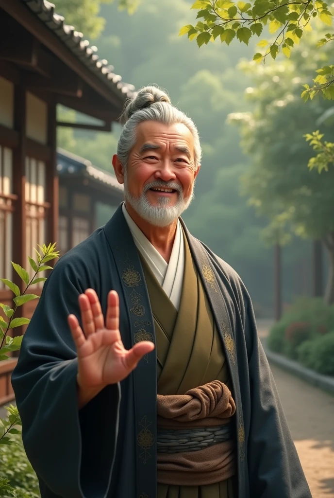 I want the image of a wise man Buddhist monk, with white hair, She must be approximately 50 to 60 years old, the wise Buddhist monk in red clothes, Buddhist sage must be smiling, realistic and cinematic image. use these photos as face reference, hair and appearance.
