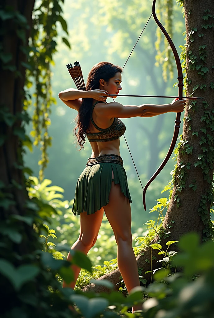A beautiful young woman (Mila Kunis 25) with piercing eyes, delicate features, and waist length flowing dark hair with colorful flowers braided in, playing an elf in a naturalistic forest setting, wearing a fig leaf bikini and wielding a handcrafted bow and crude natural arrows, firing at goblin-shaped targets hanging from the trees, masterpiece, ultra-detailed, hyper-realistic, dramatic lighting, vivid colors, cinematic composition
