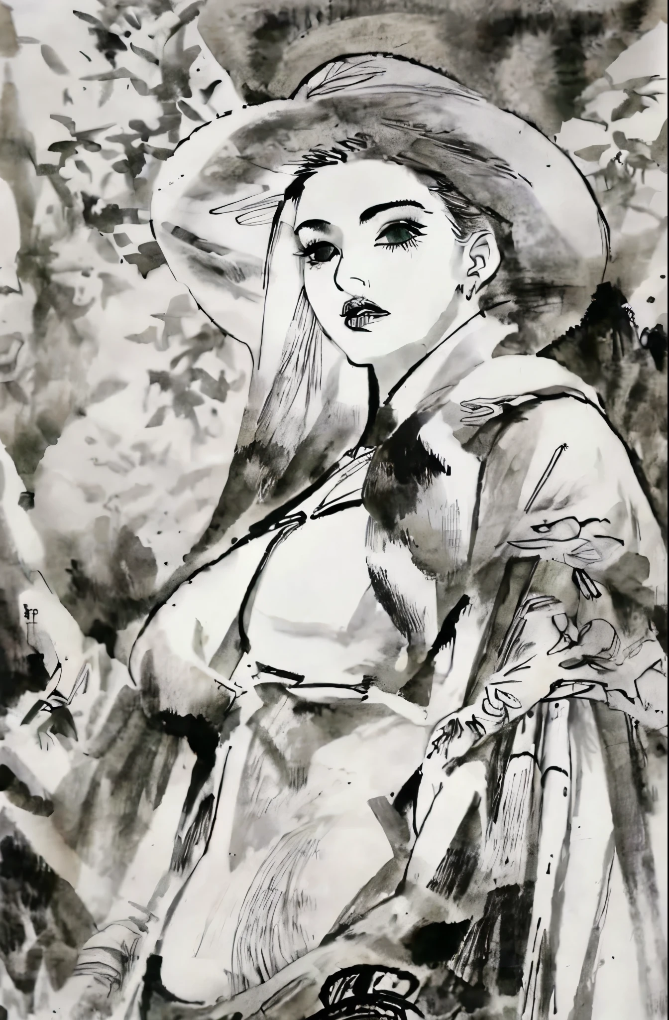 black and white tones, masterpiece, best quality, tradition chinese ink watercolor paintings, use thick and light inks to create light and dark changes and layers, a beautiful 20s russian model, ultra detailed face