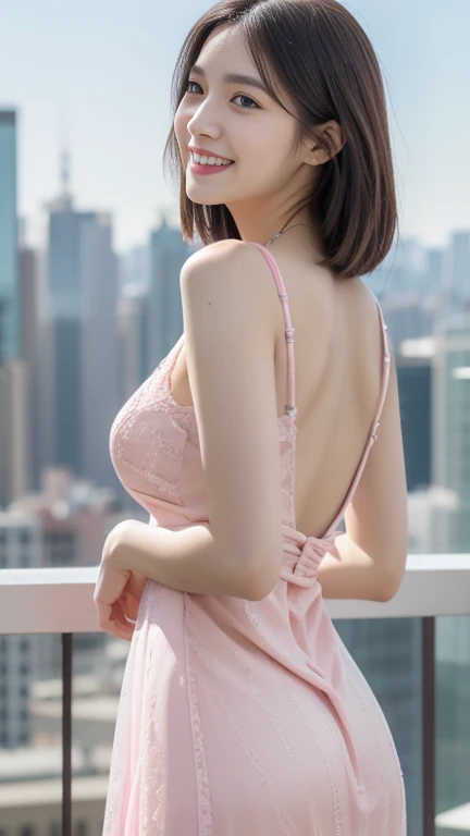((Highest quality, 8K, masterpiece :1.3)), (Sharp focus :1.2, Beautiful woman with perfect figure :1.4, Slim Abs :1.2), ((Big Breasts, Emphasize cleavage:1.3)), (Photorealistic:1.4), (realistic:1.4), (Short Bob Hair, Light brown hair:1.5), Highly detailed face and skin texture, Fine grain, double eyelid. Makeup face, A little bit of lipstick, sex appeal, Sexy gravure pose, ((A beautiful woman wearing a pink dress、A back shot with a city skyscraper in the background。A simple ring on her finger。:1.3)