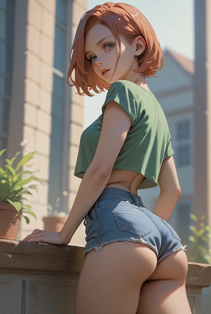 (large breasts 1.4), beautiful elf woman, ((Short Red Hair: 1.6, straight with shine)), bright blue eyes, bright eyes, double eyelids, light effect on eyes, detailed irises, sexy, curvy body, glasses,(( white tight tee shirt, choker, tiny denim shorts, black high heels, black silk stockings,)) ((stylish cropped top details, micro denim shorts, edgy sexy, sensual, Beautiful and cool, shorts)), ((Thick Thighs, Perfect butt, Ample Breast)) ((work of art, hyper-realistic, hyper detailed, Best quality, 16k, light and shadow on skin, vivid colors), eyeliner, Thin eyebrows, Sensual expression, perfect lips, sexy mature face, ((skin with light and shadow) flirting seductively with the viewer, lots of freckles, full lips, extreme blush, smile, ((kneeling on grass in forest)), daytime, noon, rays of light, masterpiece, ((Hands resting on top of chest, biting lower lip)) ((Side View)),