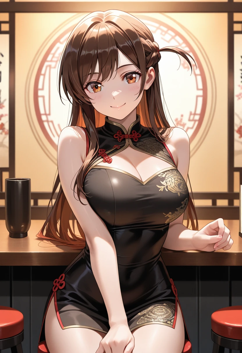 one woman, fox ears, fox tail, mature woman, green eyes, dark brown hair, shiny clothes, Chinese dress, Cheongsam, sexy, SFW, latex, thick thighs, big breasts,
