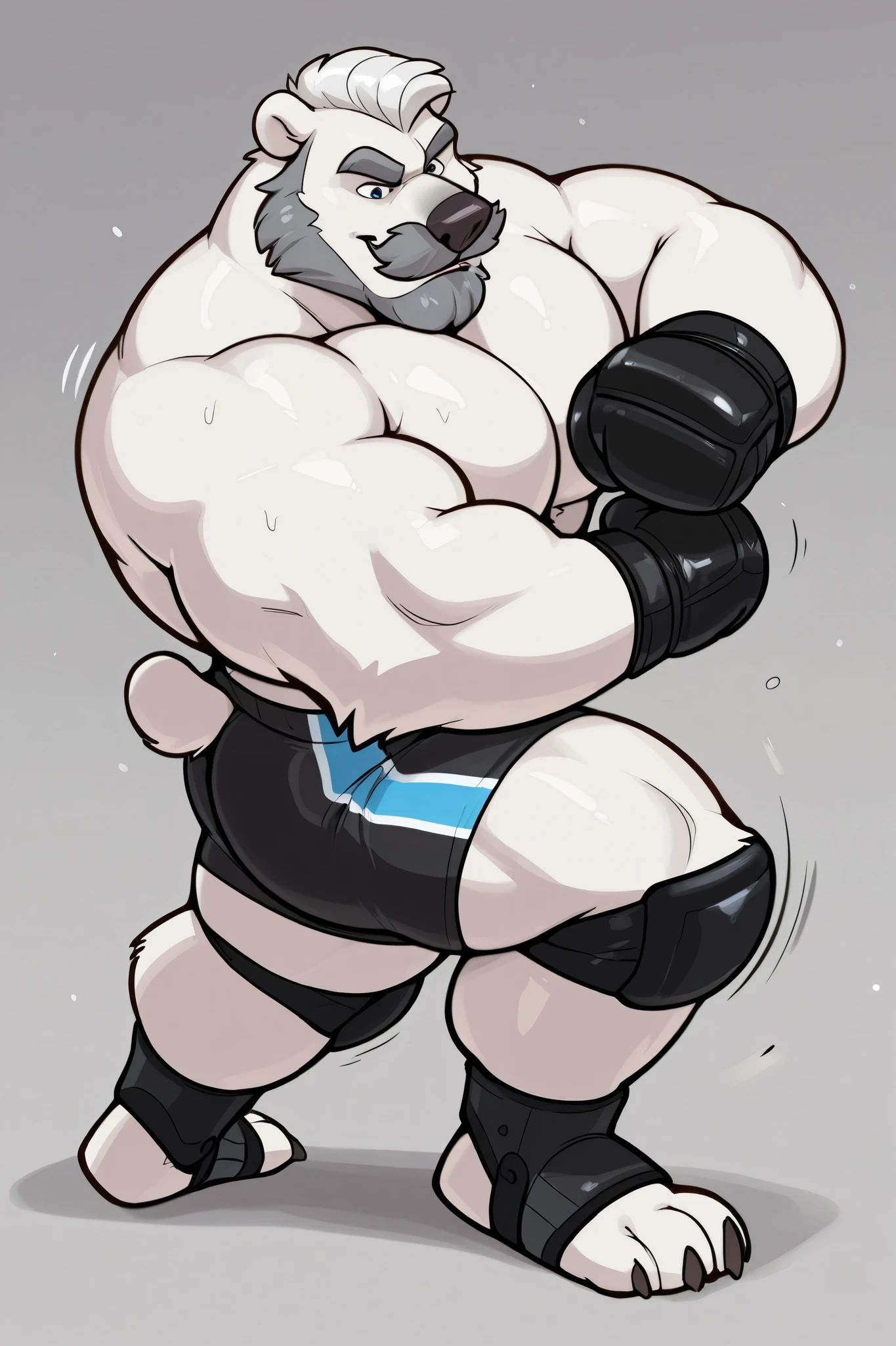 huge muscular polar bear at ZPD's gym, big strength, polar bear, huge white fur, thick arm, huge arm, added thick gray mustache, added thick gray beard. Short white hair, (thick muscular, pectoral, wide pectoral, thick arms), 220cm weight: 254kg, gray eyebrows added, detailed eyes, (wearing black MMA shorts with blue colored slits, MMA gloves, ankle support brace), punching and kicking techniques. Disney animated Zootopia art style
