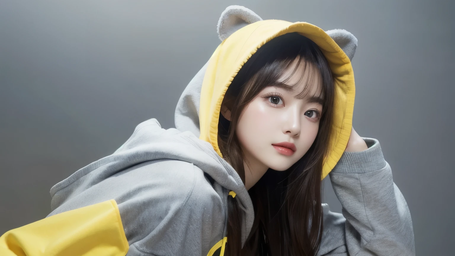 NSFW, (Girl in ((Yellow)) Pikachu hood), (naked hoodie, hood loosely open) . masterpiece 8K best quality, (RAW PhotoRealistic HyperRealism:1.37) Ultra-detailed, (Acutance:0.85), VolumetricLighting, (Studio) gray background with (Blurred colorful Lights dazzling bokeH:1.28), { (Overflowing Gigantic Cleavage;1.2) | (Golden ray illuminating face) | (Photon Particles:0.95) } . BREAK . (((Extremely detailed KAWAII face))), perfect anatomy, Childish, CaptivatingGaze, Elaborate detailed Eyes with (Sparkling Highlights:1.28), Beautifull Pupils, (Voluminous Long Eyelashes:0.88)、Glossy Lips, Rosy Cheeks, (Flawless FineSkin, Radiant PearlSkin with Transparency) . { (joyful expressions:1.28) | (:d) }, (Large eyes:-1) .