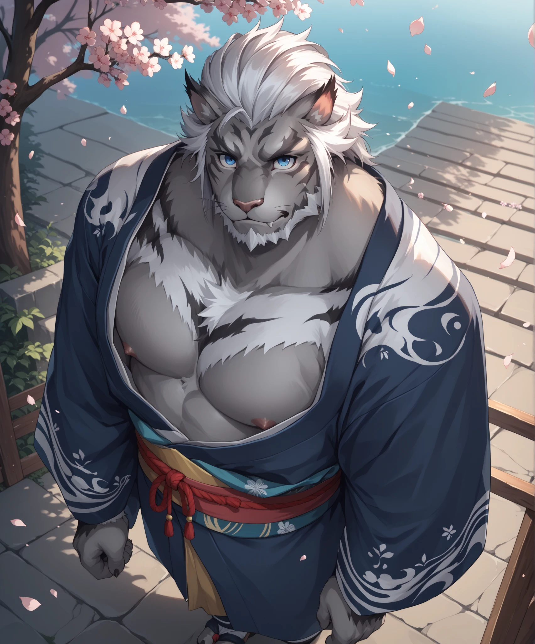 (masterpiece),(highres),(intricate details:1.4),extremely detailed,(illustration:1.2),8k,photorealistic,Anime headshot,exquisite,solo,aged,elder male wolf,grey fur,muscular,general,(naked upper body:1.4),(white hair:1.3),long hair,braided hair,long white beard,scar,naked,in the hot spring,relaxed ,smiling face 