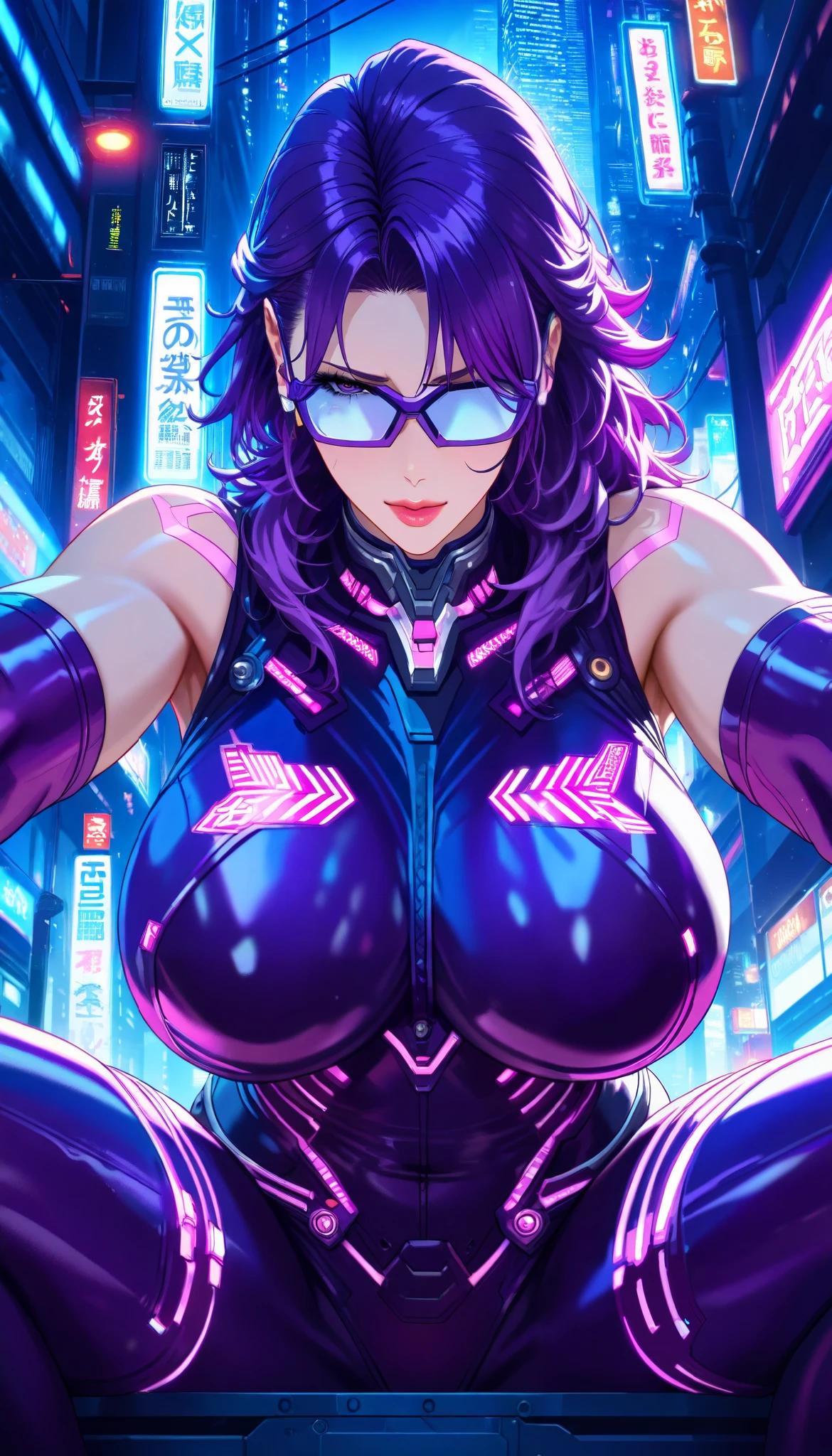 a woman in a leather outfit is sitting on a rail, oppai cyberpunk, cyberpunk anime art inspired by Masamune Shirow, cyberpunk anime girl, female cyberpunk anime girl, anime cyberpunk art, cyberpunk anime girl mech, modern cyberpunk anime, cyberpunk girl, in cyberpunk city