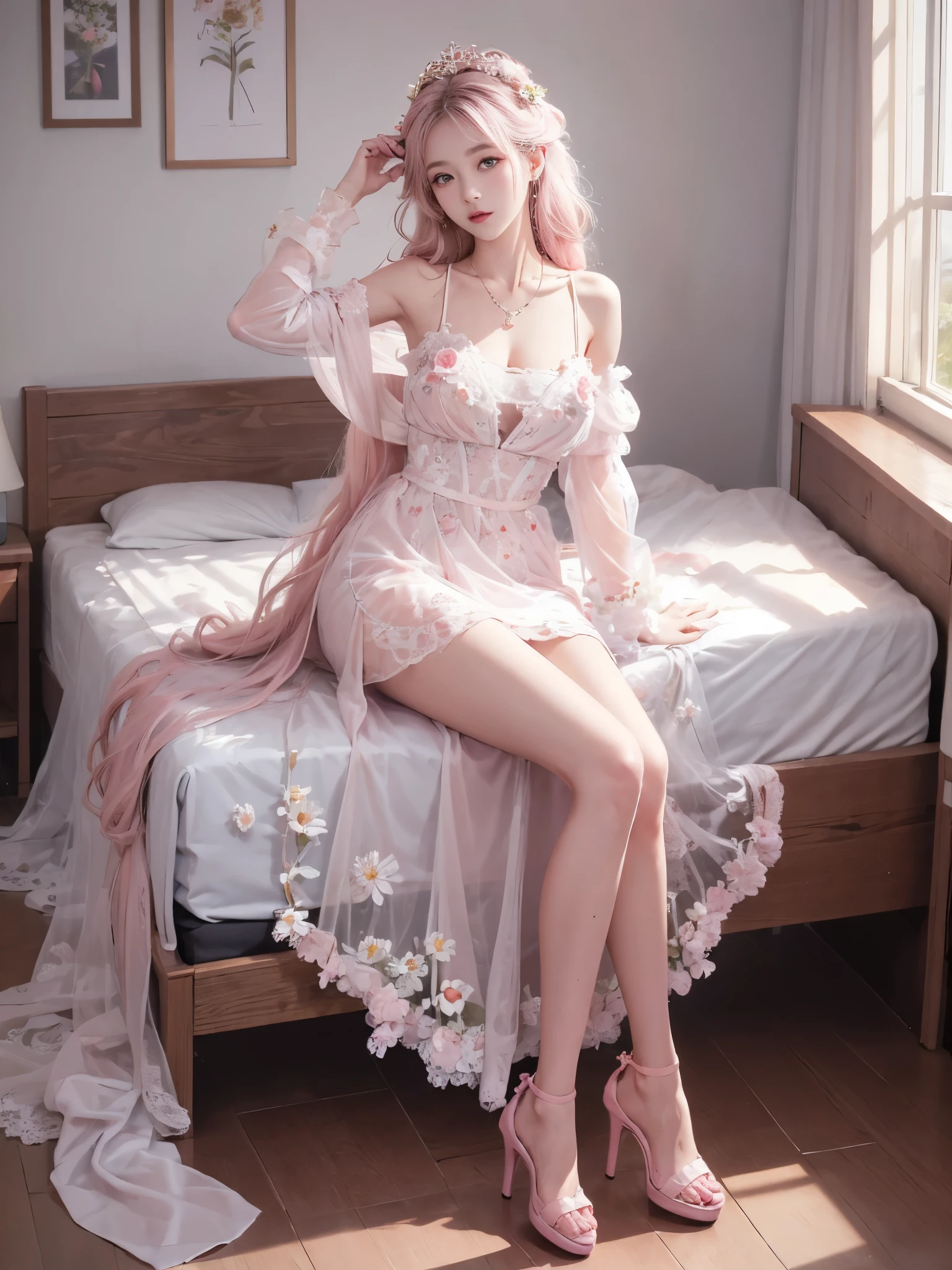 (masterpiece), best quality, expressive eyes, perfect face,1 girl, woke up from bed, wearing a white dress, pink hair, blue eyes, open mouth, detailed fingers, detailed clothes, still sleeping in bed, beautiful face,