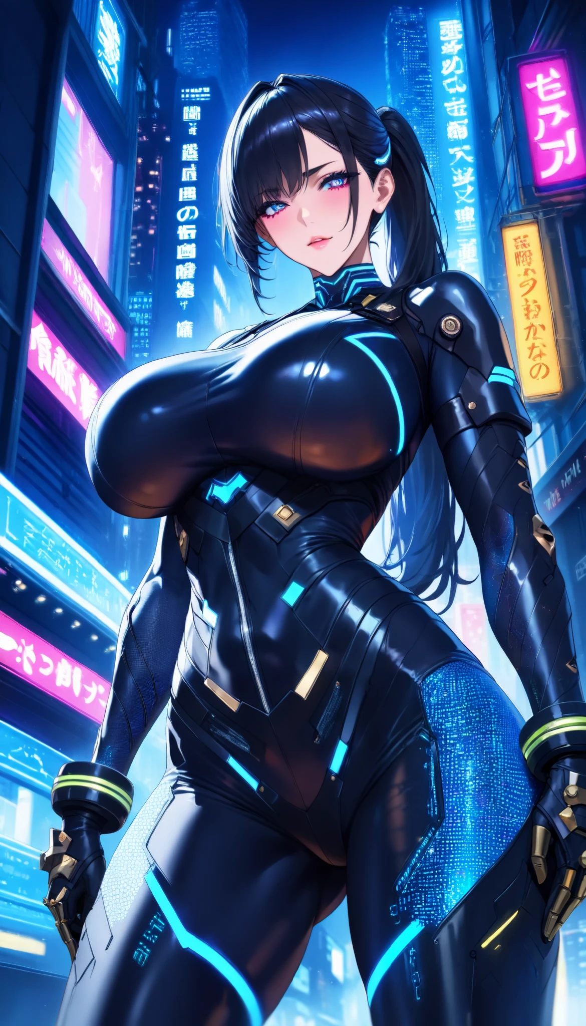 1girl, masterpice, high quality, best quality, good body, 5fingers, good hands and fingers, official art, (8k), (solo), dynamic angle, dynamic pose, , latex, science fiction, black bodysuite, gantz, reika <lora:Reika-06:0.5>, black hair, scenary: city, neon lights, LCD lights, night, people, (large breasts:1.1), nipples
