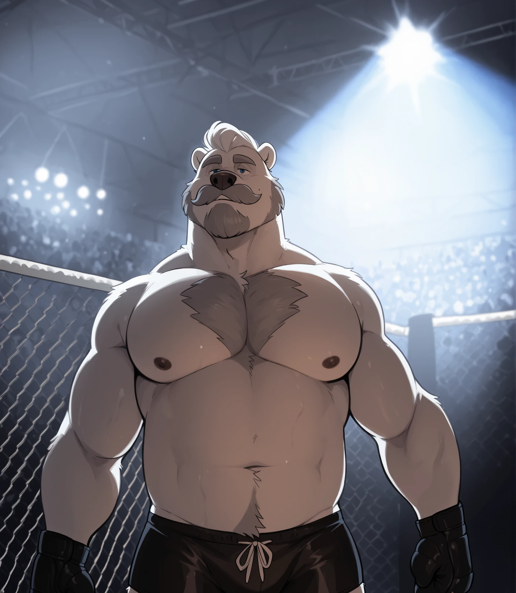 huge muscular polar bear at ZPD's gym, big strength, polar bear, huge white fur, thick arm, huge arm, added thick gray mustache, added thick gray beard. Short white hair, (thick muscular, pectoral, wide pectoral, thick arms), 220cm weight: 254kg, gray eyebrows added, detailed eyes, (wearing black MMA shorts with blue colored slits, MMA gloves), half body. Disney animated Zootopia art style