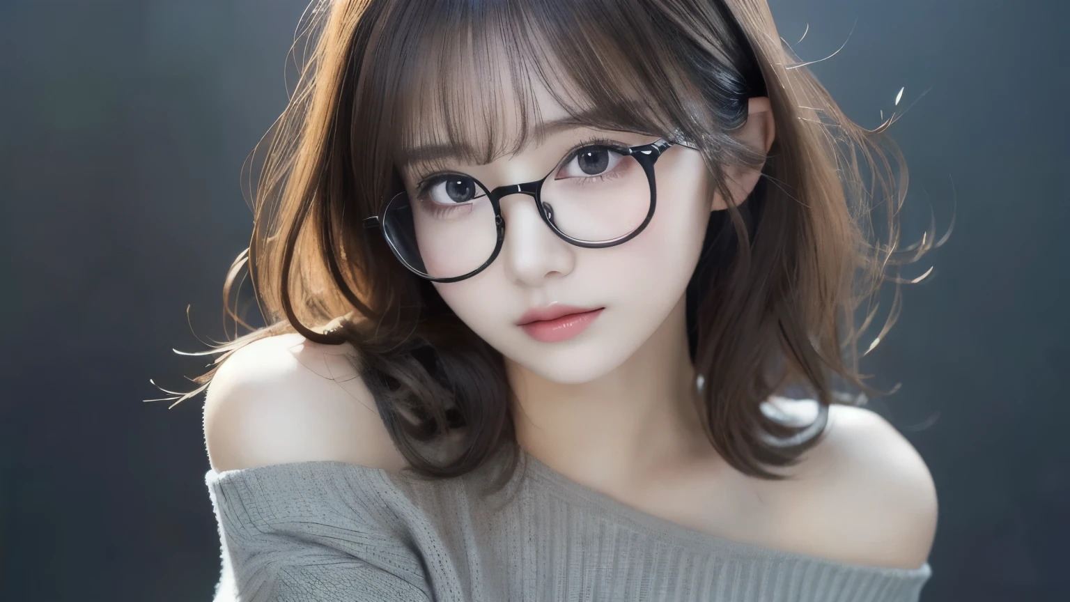 (Best quality, masterpiece, detailed), (RAW, 4k, hd images), 1 girl, 17 years old, white skin, long hair, ponytail, layers hair, bangs, black hair, beautiful girl, cute girl, sweet girl, pretty girl, perfect girl, perfect body, pretty eyes, blue eyes, thin lips, (eye line, lip soft), perfect round breast, glasses(detailed frame), simple background, smile, tanktop with cardigan, modeling pose, free style pose, random angle capture, cleavage, outdoors
