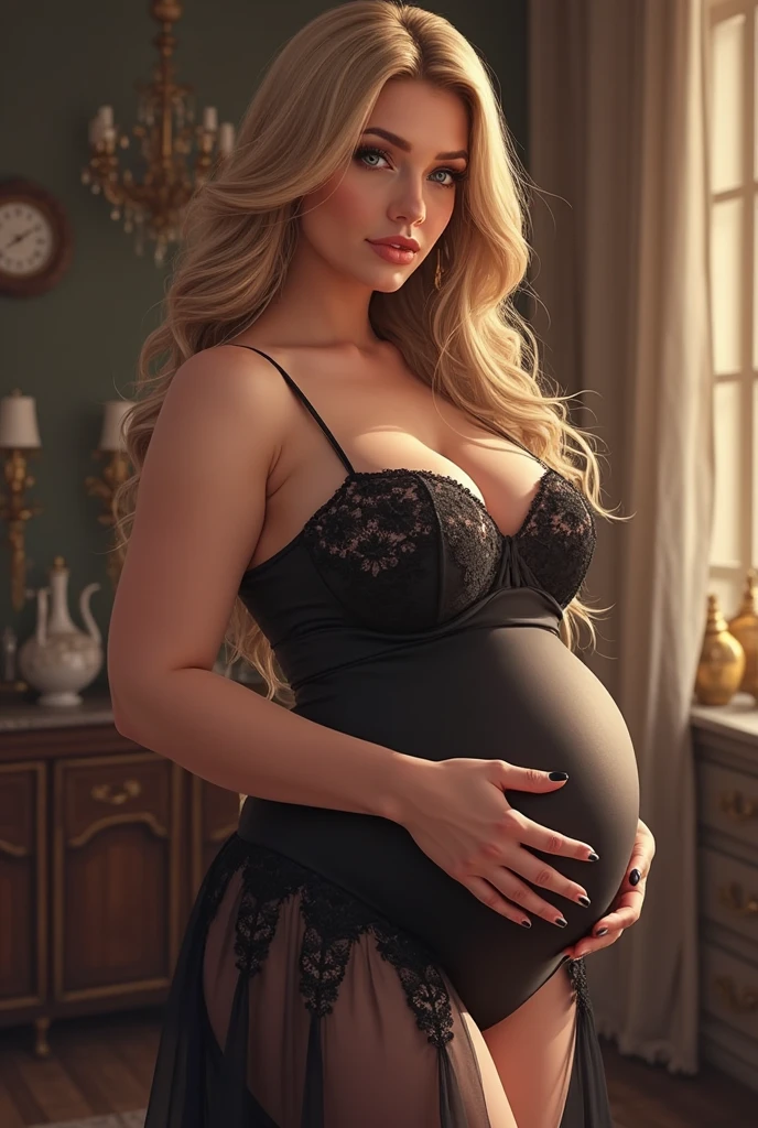 Sexy girl, black lingerie, bedroom background, photorealistic 1.2, white long hair, milf, pregnant, big cock